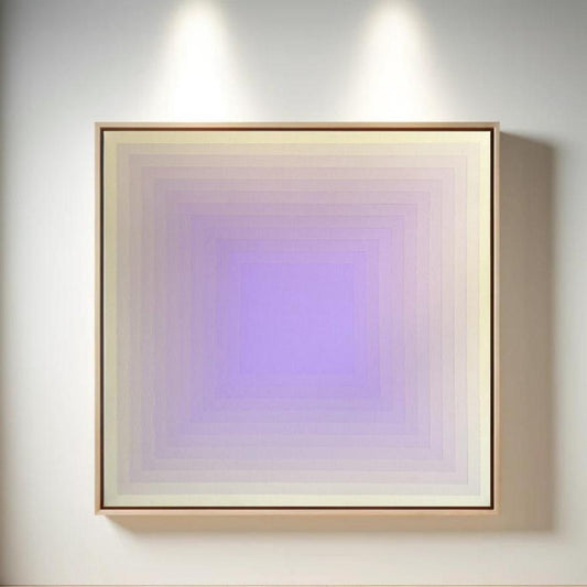 Abstract painting with concentric squares, transitioning from cream to lavender in a soft gradient.