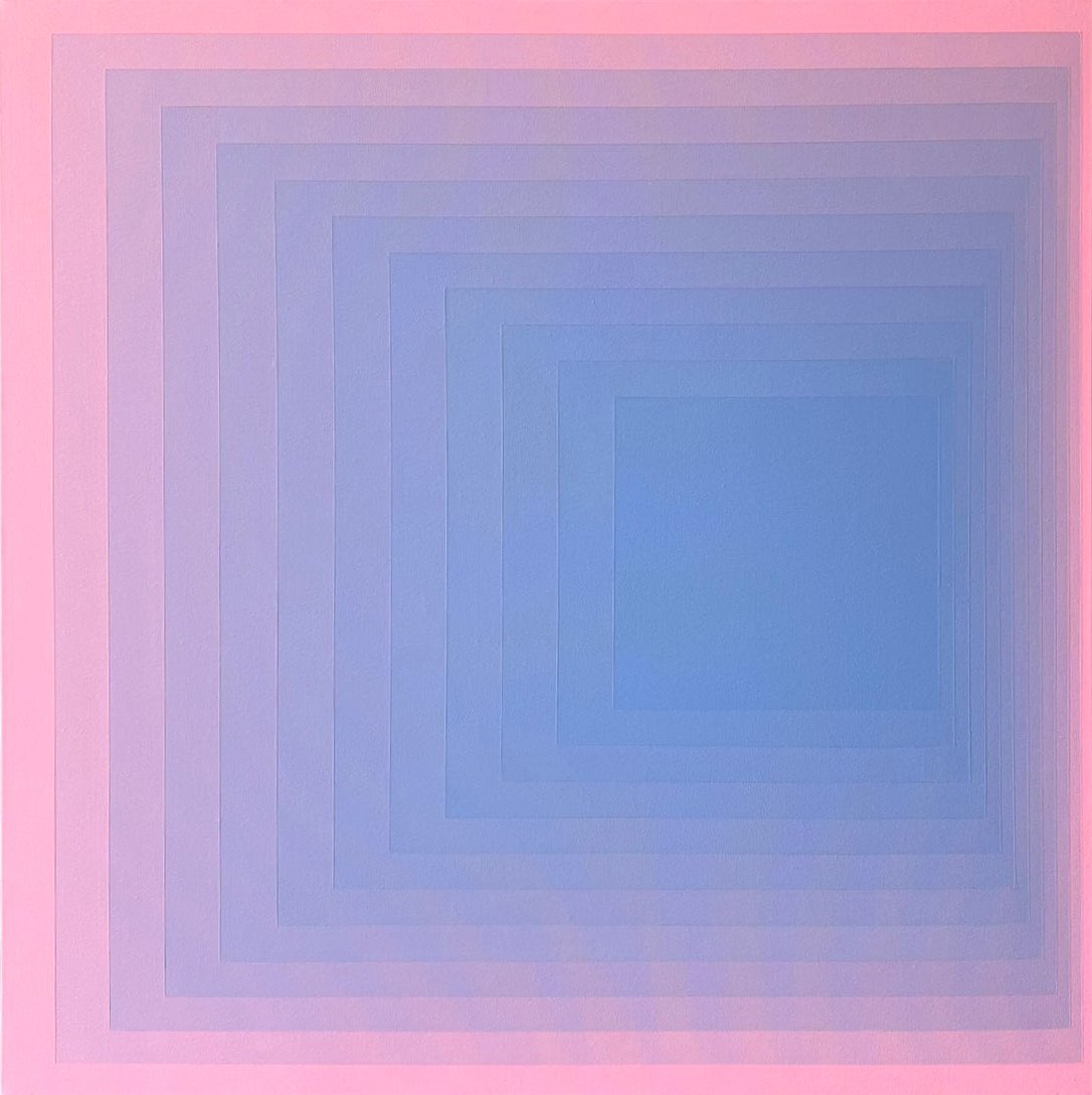 Abstract painting with concentric squares, transitioning from blue in the center to pink at the edges in a smooth gradient.