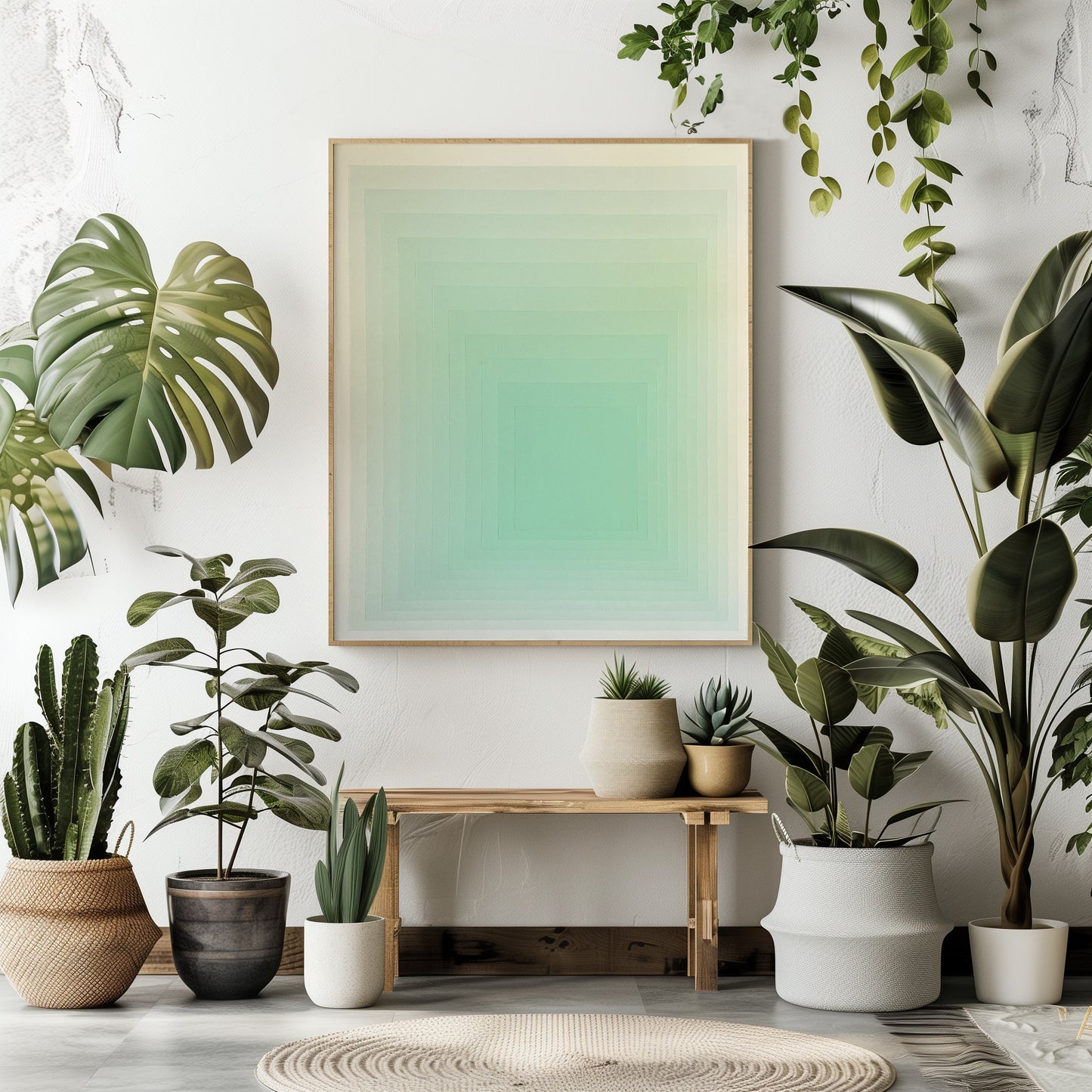 Abstract painting with concentric squares transitioning from light beige to soft lime green, creating a subtle gradient and minimalist design.