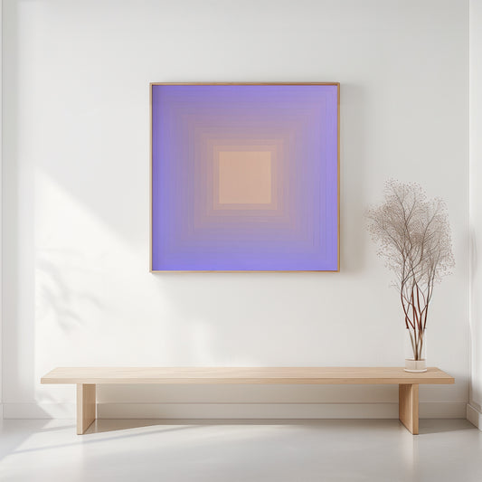 Abstract artwork with concentric squares transitioning from a peach centre to lavender edges in a smooth gradient.