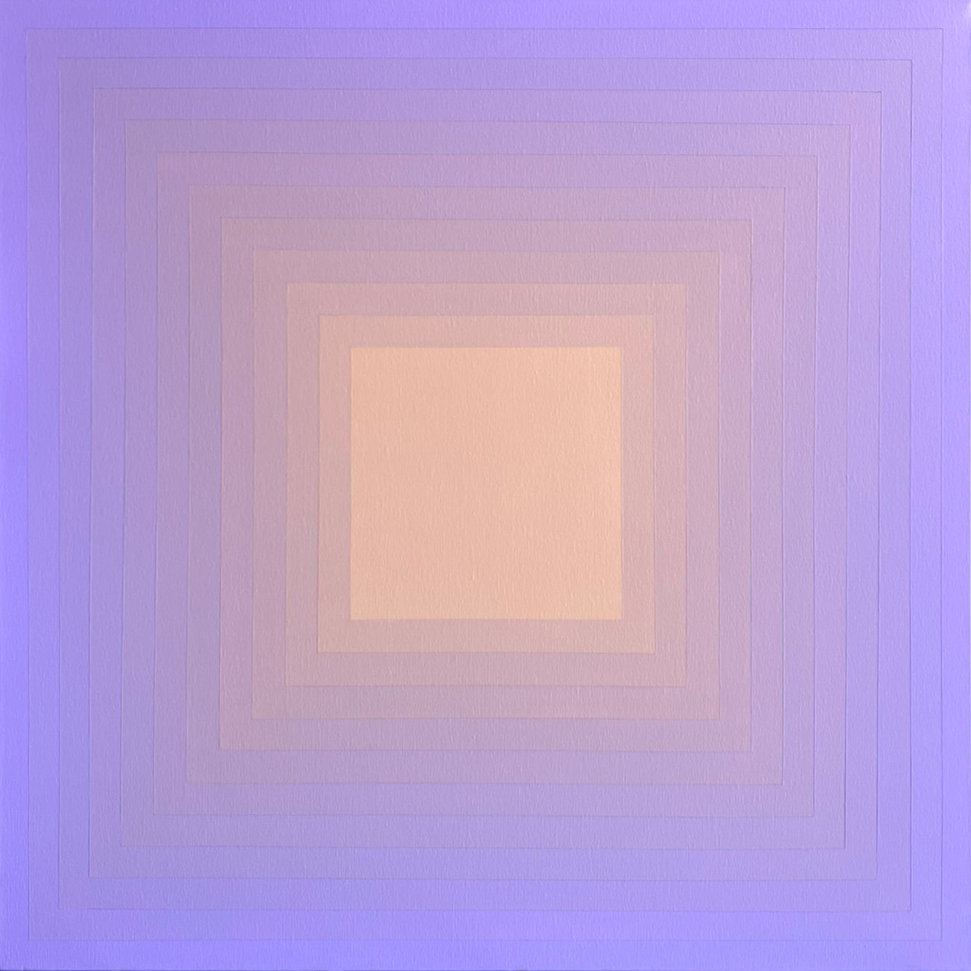 Abstract artwork with concentric squares transitioning from a peach center to lavender edges in a smooth gradient.