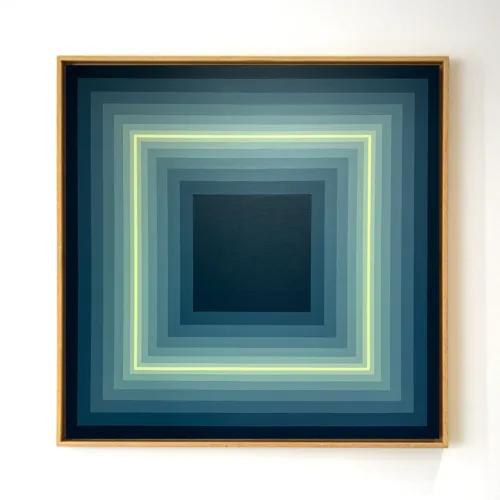 A minimalist geometric abstract painting titled Alfa, featuring layered squares in deep blue tones that transition into a glowing green center. The artwork plays with depth and contrast, creating a meditative visual effect.