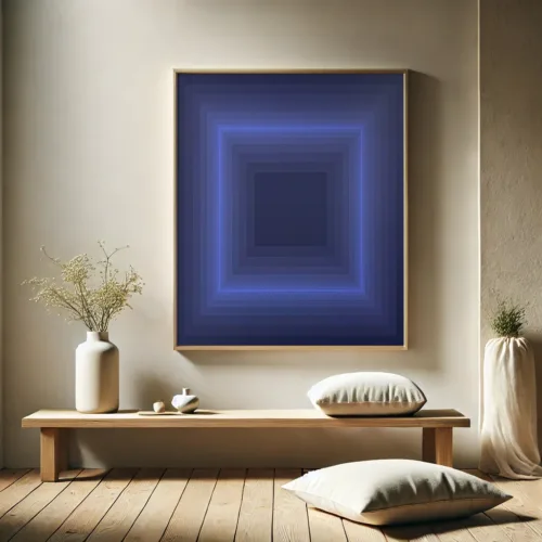 A modern, minimalist interior featuring Liminal Indigo framed in natural wood and displayed against a warm, neutral wall. The setting includes a wooden bench, textured pillows, and dried floral arrangements, highlighting the artwork’s ability to create a tranquil atmosphere.