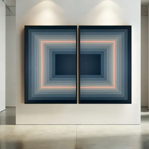 Penumbra & Umbra diptych displayed in a contemporary gallery setting with overhead lighting, emphasizing the symmetry and luminous contrasts of the artwork.