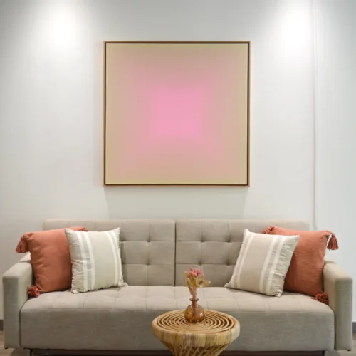 Abstract painting featuring concentric squares transitioning from beige at the edges to a vibrant pink center, with soft gradient blending in between.