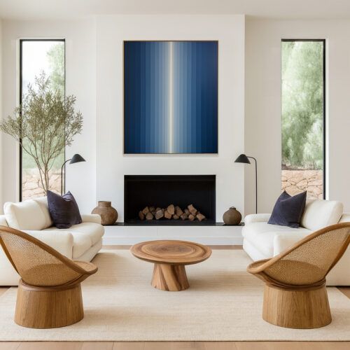 The painting light column displayed in a contemporary living room. Its vertical format and calming color palette bring a subtle yet grounded presence to the minimalist space.