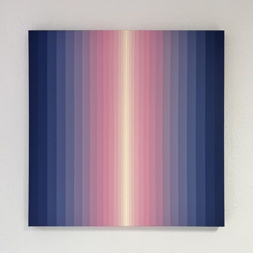 A geometric abstract painting with a vertical gradient of soft pink, lilac, and deep blue tones on canvas. The artwork creates a serene visual transition centered by a glowing line of pale yellow.