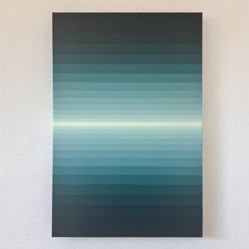 "Front view of 'Renewal' – a geometric abstract painting in gradient shades of teal and soft aqua, creating a calm, horizon-like effect."