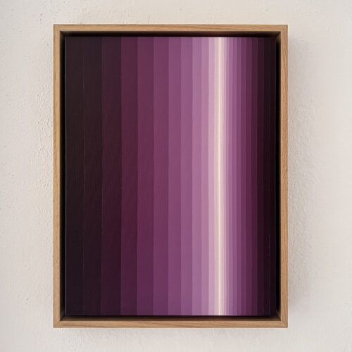 Original geometric painting in burgundy and violet gradients by Martina Berti, framed in handcrafted natural oak (American box style), artwork titled "Opening"