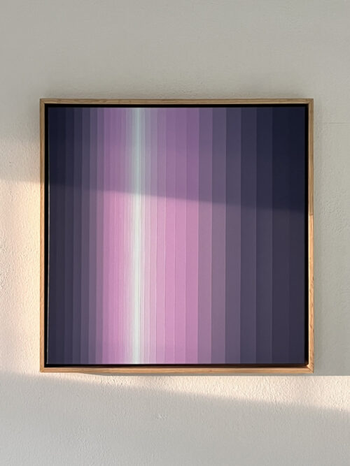 New Season abstract painting framed in natural wood, featuring layered violet, lavender, pink and pale mint vertical bands.