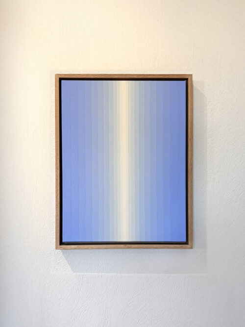 First Halo by Martina Berti, contemporary abstract painting with vertical blue gradients and a luminous central band, shown in profile with natural oak floating frame
