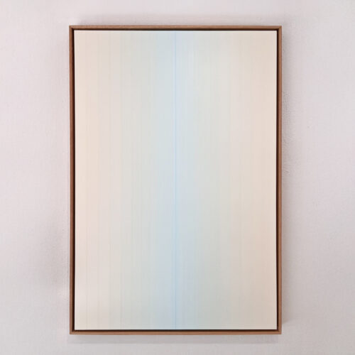 Revelation by Martina Berti, minimalist abstract painting with soft vertical gradients in ivory and pale blue, featuring a subtle central light axis in oak frame